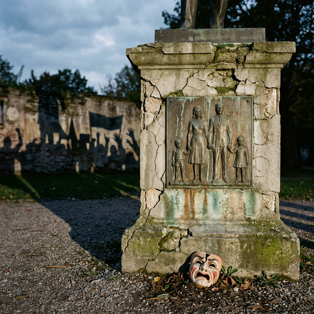 Cracked monument with family relief and theatrical mask at its base