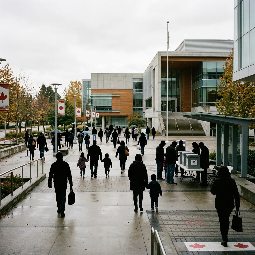 People walking through a Canadian campus courtyard on a rainy autumn day